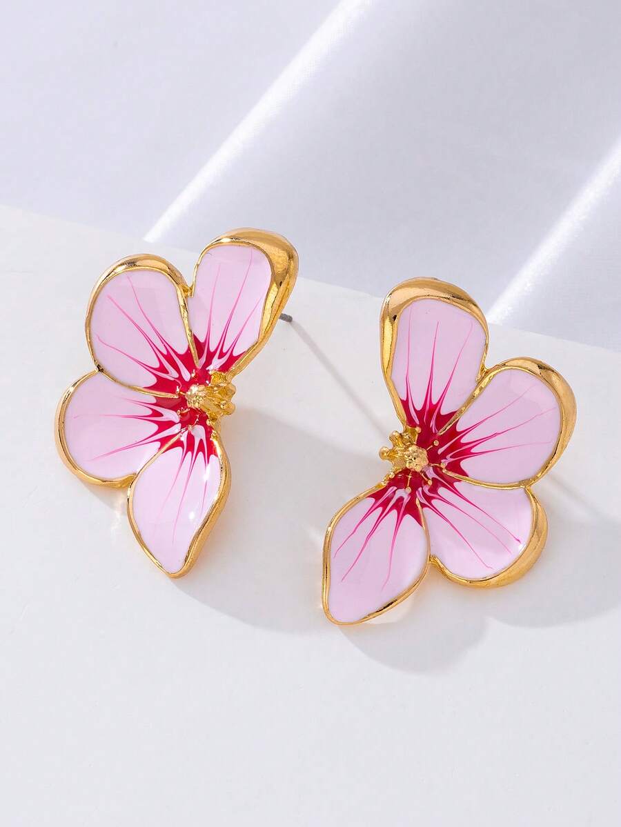 1 Đôi bông tai vàng sơn dầu vẽ tay, quà tặng bất ngờ cho trang phục hàng ngày, sinh nhật, ngày của mẹ, bạn gái hoặc con gái - Hồng - Xem 1