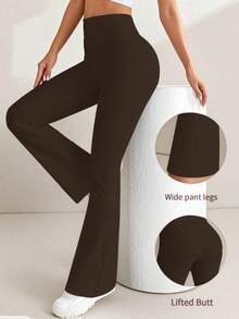 女士高腰纯色喇叭裤，运动瑜伽紧身裤，压缩紧身裤，跑步健身裤，女装，女士紧身裤，女士夏季长裤 - 棕色 - 查看 3