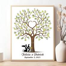 个性化婚礼宾客签名册，印有新人剪影和双人自行车图案，可定制指纹签名册和指纹树（可打印） - 彩色 - 查看 6