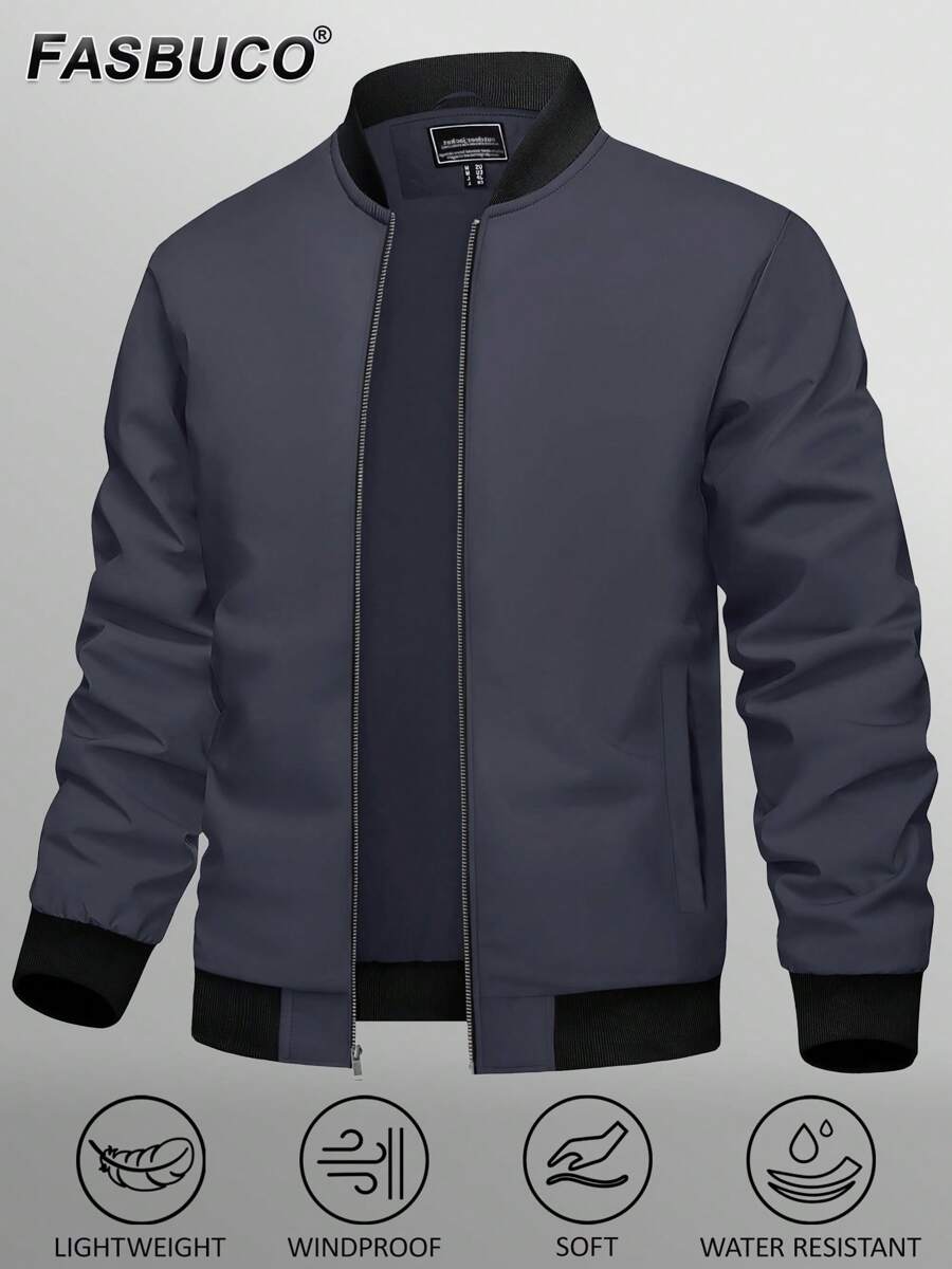 FASBUCO Men's Lightweight Windbreaker Thin Bomber Coat With Full Zipper And Pockets For Spring And Autumn
