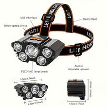 Buy 1 Get 1 Free Multifunctional 5LED Headlamps, USB Rechargeable Headlamps (With Cable), 4 Adjustable Modes, Suitable For Outdoor Camping, Night Fishing, Hiking, Hunting, And Home Emergency Lighting - 2Pcs - View 4