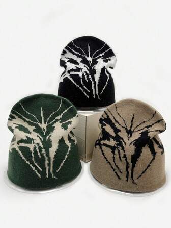 1 pieza Gorro de punto jacquard estilo Y2K, gorro de punto acrílico de moda casual, adecuado para otoño/invierno, Halloween, invierno para mujer