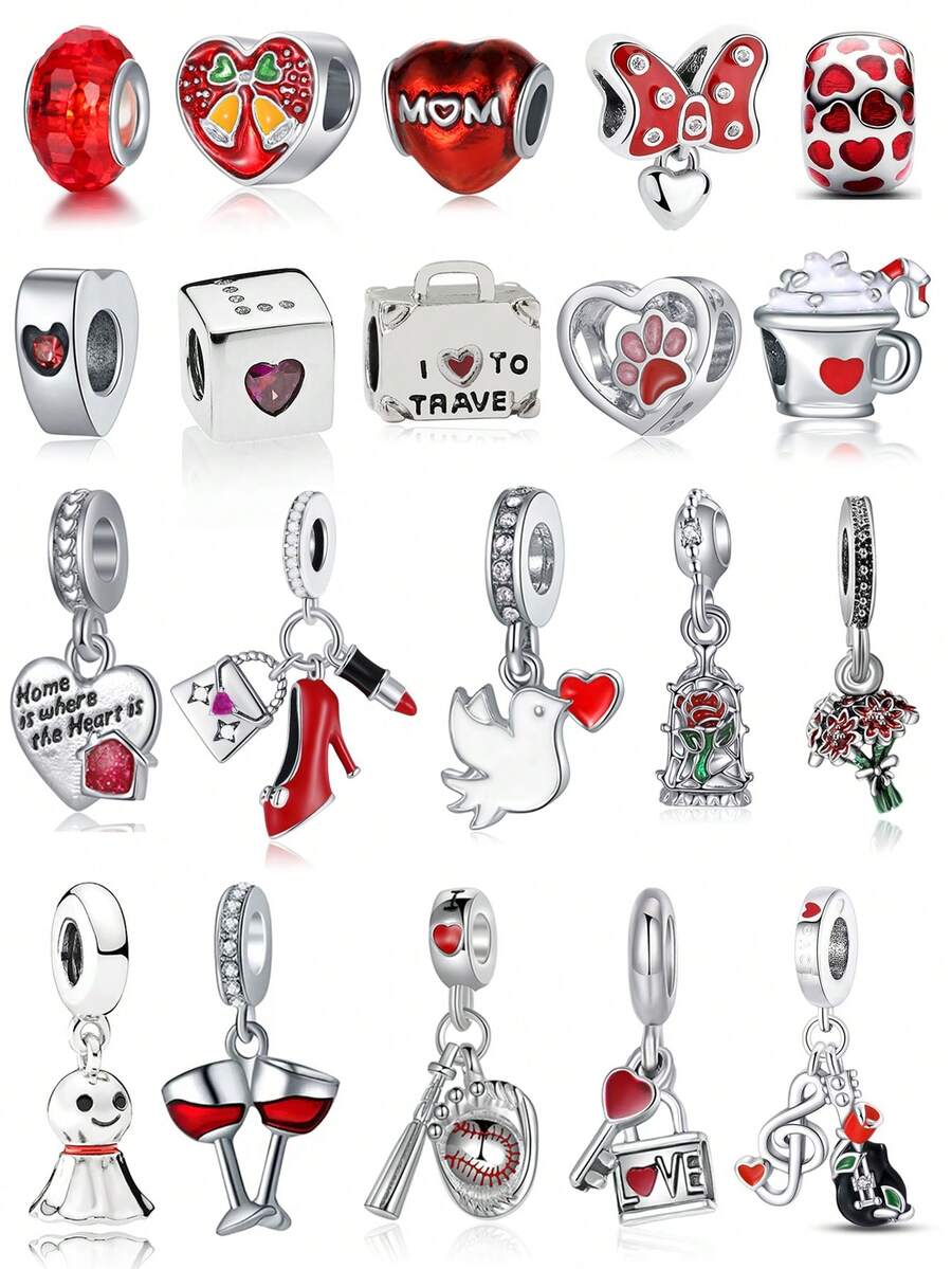 1pc Fashion Red Series Heart, Square, Bell, Flower, Bow, Cup, Key, Baseball, Home, Peace Dove Pendant, Suitable For Girls And Women DIY Bracelet Necklace Fashion Jewelry Making Gift Valentine's Day - Red - View 1