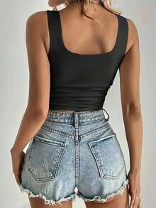 Square Neck Slim Fit Sleeveless Vest - Black - View 2