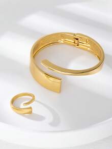 1pc Geometric Metal Bracelet & 1pc Ring Set - Yellow Gold - View 4