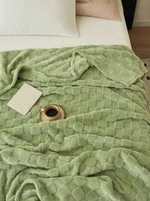 1 件浅绿色华夫格毛绒柔软舒适毛毯，适合卧室和客房