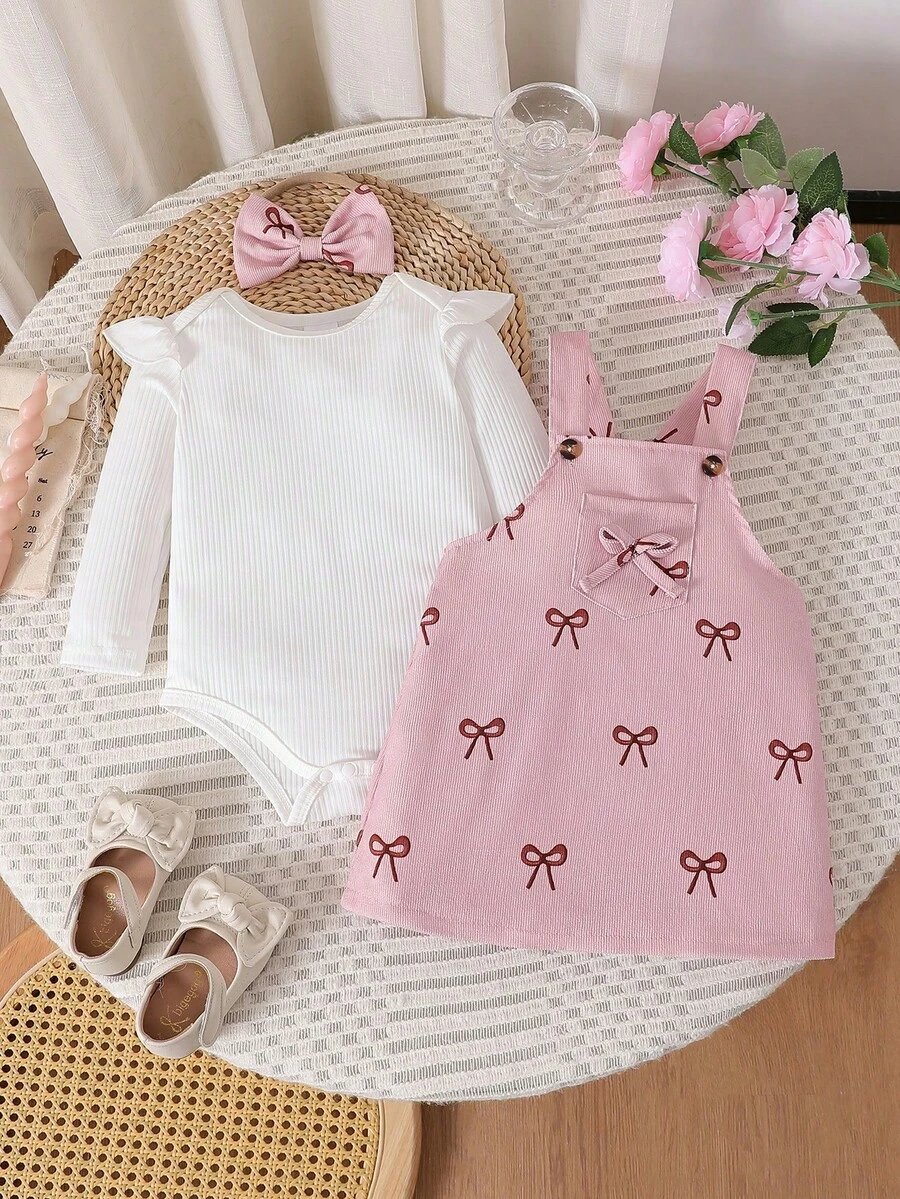 Baby Girls Casual Fashion Daily Suspender Pants, Lightweight All-Over Embroidered Floral Light Blue Overalls, Autumn Baby Girl Stylish Jumpsuit - Pink - View 1