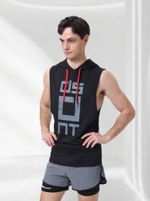 Men's Casual Letter Printed Comfortable Sleeveless Hooded Sports Vest, Fitness Basketball Running Activewear, Stretchy Top For Spring/Summer