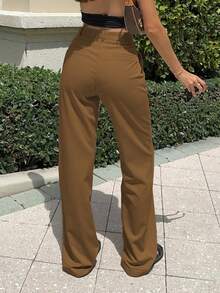 MYOURSA Women's Casual Brown Front Pleated Straight Leg Slim Fit Pants - Brown - View 2