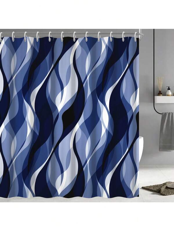 Modern Abstract Shower Curtain With Hooks, Blue And Grey Striped Shower Curtain Set For Bathroom, Waterproof Polyester Shower Curtain Bathroom Decor