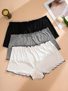 3pcs Women's Multi-Color Ruffled High Waist Slip Shorts, Comfortable Simple Seamless Anti-Exposure Plus Size Briefs