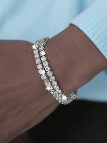 2pcs Men's Simple Hip-Hop Cuban Style Crystal Bracelet Set - Silver - View 5