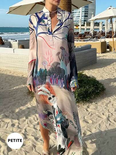 Christmas PETITE Women's New Arrival Fashionable Rabbit & Floral Print Long Sleeve Shirt Dress