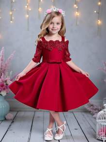 Elegant Satin Lace Waist Bow Decor Dress For Young Girls, Suitable For Birthday Party, Excluding Headband