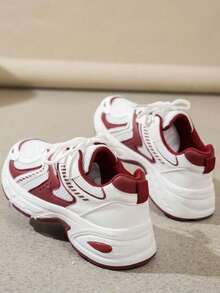 女士圆头系带厚底学生休闲舒适跑步运动鞋 - 紅色 - 查看 5