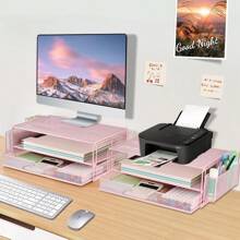 2 Tier Computer Monitor Stands With Drawer And 2 Pencil Holder, Metal Monitor Stand Monitor Riser, Computer Desk Organizer And Accessories For Laptop, Computer, Printer, Office Supplies(Black)-982163