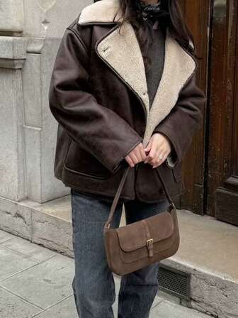 SHIBASHAN Kışlık Vintage Kadın Suni Deri Ceket Cepli Günlük Bol Polar Uzun Kollu Mont