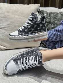 New Autumn/Winter Rhinestone Embellished High-Top Sneakers, Thick Sole Casual Shoes, Suitable For Street Style, Daily Commute, Office And Leisure Wear - màu đen - Xem 2