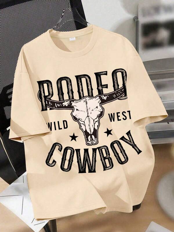 Camiseta de manga corta y cuello redondo para niño preadolescente con estampado minimalista de pentágono, cabeza de toro y letra, llegada nueva para primavera/verano