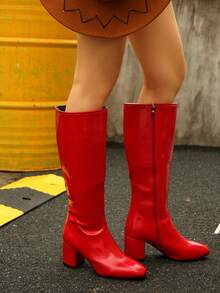 2025秋冬季厚底高跟弹力紧身靴，新款女士袜靴和中筒踝靴，女靴 - 紅色 - 查看 7