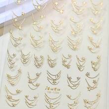 Elegant Golden Star Chain Nail Stickers - Sparkling Aurora French Golden & Silvery Line Star French Chain Nail Decals, Self-Adhesive Semi-Matte Paper Nail Art, Cartoon Theme, Single Use, Glittery Finish, Nail Art Accessories - 金色 - 查看 8
