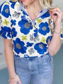 1Pcs Women's Beautiful Floral Ruffle Sleeve Top, V-Neck, Ruffle Cuffs, Front Button Detail, Casual Top, Machine Washable, Autumn Women's Clothing - Màu xanh lam - Xem 1