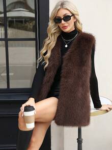 优雅女士常规长度人造皮草大衣，无袖 V 领款式，非常适合秋季服装 - 老咖啡 - 查看 6