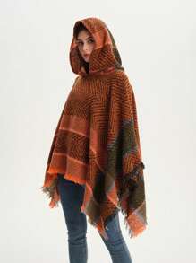 Women's Hooded Fishbone Pattern Poncho Cloak, Suitable For Spring, Autumn And Winter - Hooded Cape Pullover - View 5