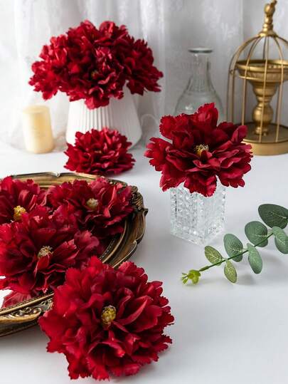 12 رأس زهرة بيوني اصطناعية باللون البرغندي، نباتات مزيفة لديكور الغرفة، زهور مزيفة للحديقة الخارجية، قطعة مركزية للخريف، زينة حفلات عيد الهالوين والسنة الجديدة، زينة ديوالي، باقة عروس، باقة زفاف، خلفية زهرية أو لوحة حائط زهرية