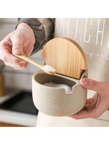 1 قطعة/3 قطع/4 قطع مجموعة أوعية توابل سيراميكية سميكة مع ملاعق وصينية خشبية، أوعية تخزين للملح وجوهر الدجاج والسكر والفلفل الحار المجفف مع أغطية قابلة للطي، قابلة لإعادة الاستخدام للمطبخ والطعام والشواء الخارجي