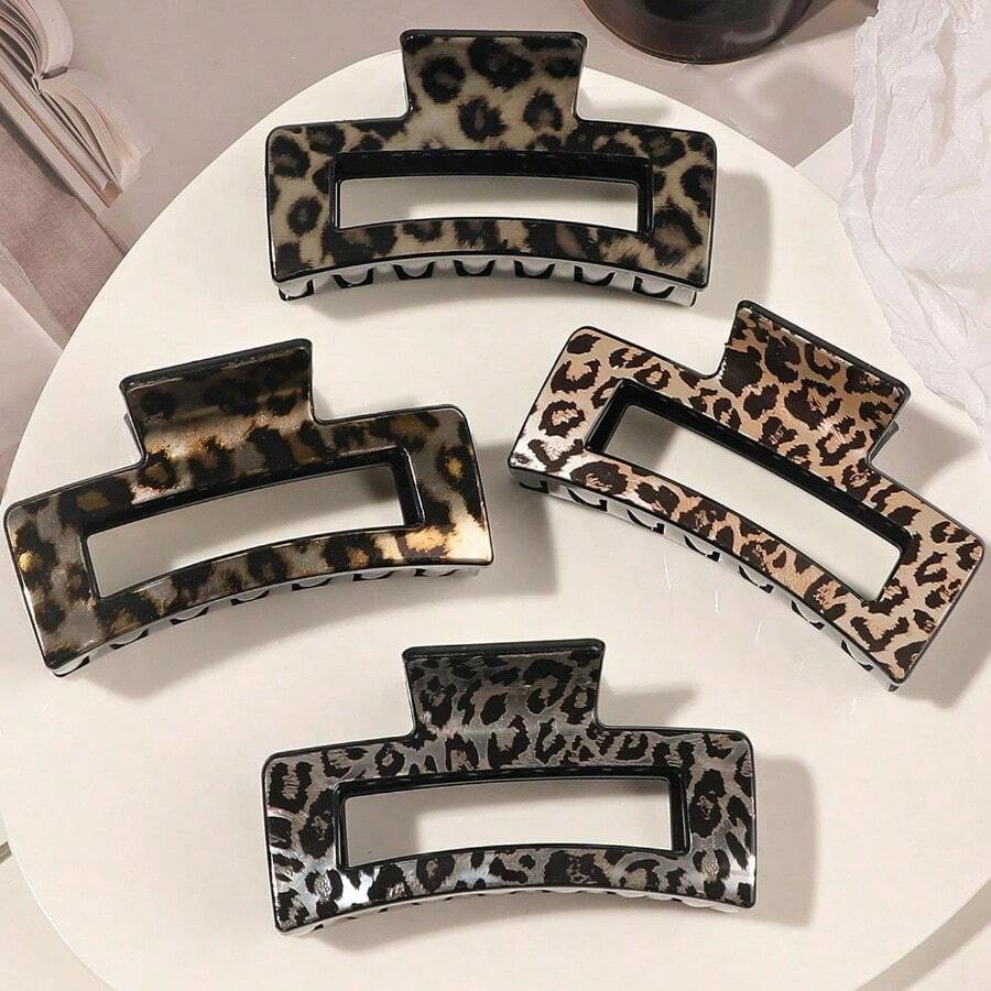 4pcs Leopard Print Hair Claw Clips, Glossy Minimalist Square Hair Clips Accessories For Daily & Casual Wear Hair Jaw Clip Hair Clamps Hair Clutch Hair Catcher Clip, School Stuff, College Fall Winter Hair Accessories For Women For Vacation Outfits Woman - 4 cái/bộ - Xem 1