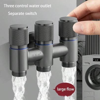 1pc High Flow Stainless Steel Toilet Companion, 1 Inlet 2 Outlet Angle Valve Or 1 Inlet 3 Outlet Angle Valve, Washing Machine 3-Way Inlet Faucet, 3-Control 4-Way 2-Control 3-Way Non-Slip Bathroom Toilet Usable Hand Wheel Triangle Valve Dual-Open Brass Core Faucet