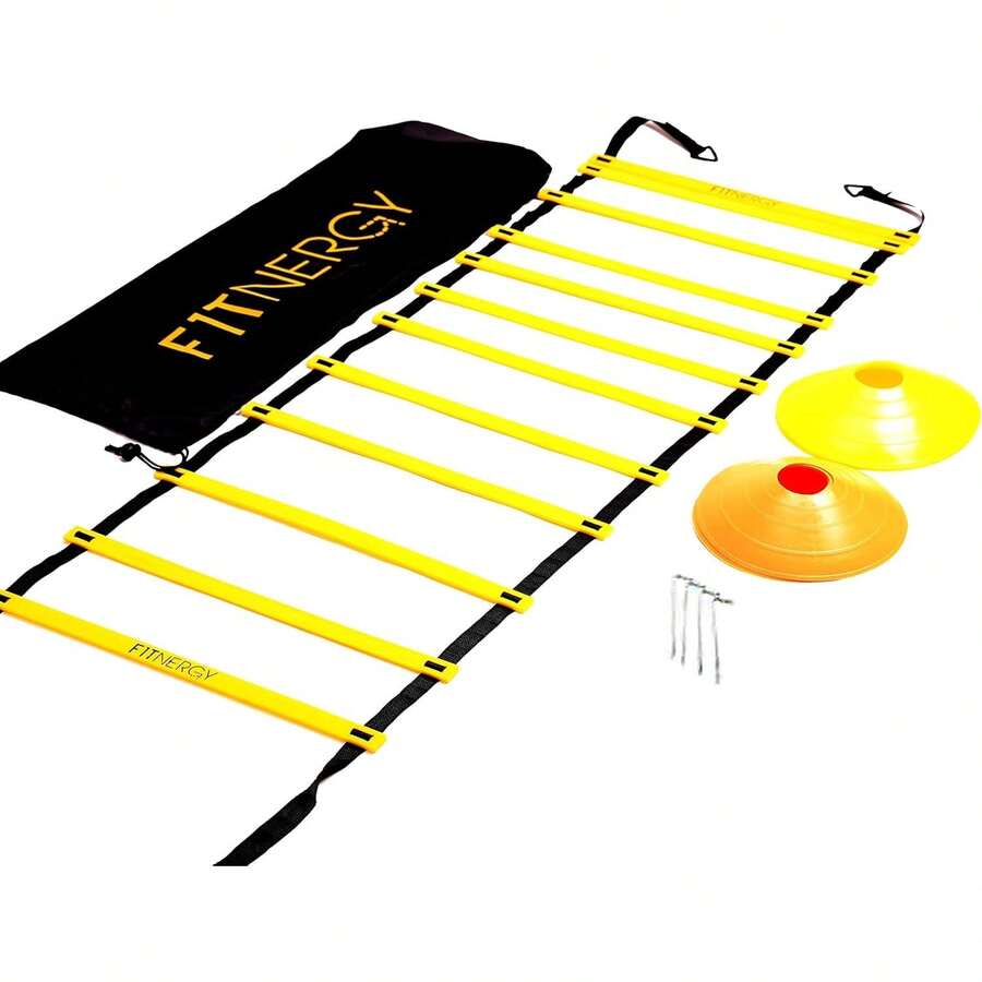 Equipo Entrenamiento con Bolsa GRATIS - INCLUYE: 12 Escalones Peldaños Ajustables 6 metros + 10 Conos de Velocidad + 4 clavijas y anillas en D - Mejora coordinación (AMARILLO) - Amarillo - Ver 1