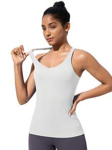 Workout Tank Tops For Women With Built In Bra, Seamless V Neck Tops Fitness Workout Yoga Shirts - trắng - Xem 5