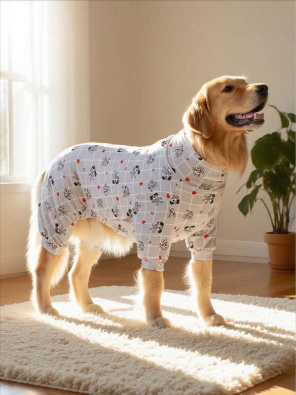 Dog Pajama, Dog Recovery Suit, Dog Costume, Dog Jumpers, Dog StuffUltra, Dog Outfits, Dog Clothes, Dog Accessories, Puppy Pajama, Puppy Clothes, Puppy Accessories, Puppy Outfits, PJ For Small Medium And Large Dog Breeds, Soft And Stretchable, All Over Print-Grey Plaid Cute Cartoon Dalmatian & Heart Pattern, S-6XL