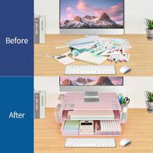 2 Tier Computer Monitor Stands With Drawer And 2 Pencil Holder, Metal Monitor Stand Monitor Riser, Computer Desk Organizer And Accessories For Laptop, Computer, Printer, Office Supplies(Black)-982163