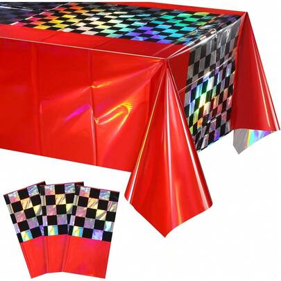 3 件/1 件 137*274 厘米彩虹赛车塑料桌布，一次性闪亮激光红黑格子桌布，全息箔矩形桌布，适用于赛车生日派对装饰