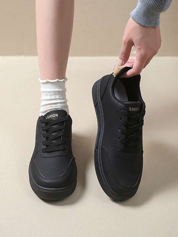 Zapatillas deportivas casuales de unicolor de cuero sintético con cordones, adecuadas para interiores y exteriores, para todas las estaciones