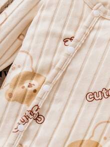 Bhchntiy 2件套婴儿秋冬新款可爱熊印花纯色毛绒罗纹圆领连脚裤休闲时尚服装 - 米色 - 查看 5