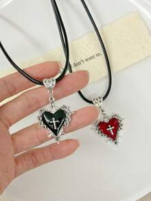 Dây chuyền da hình trái tim gai đỏ phong cách Gothic cổ điển, dây chuyền choker thánh giá tối màu phóng đại cho lễ Halloween - Trái tim - Xem 10