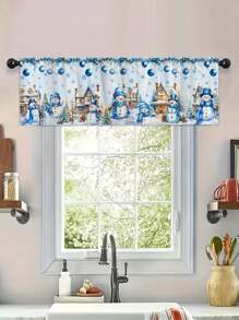 Cortina con tema navideño de 45*140cm, decoración de ventana - Cortina con patrón de pueblo nevado y muñeco de nieve de Navidad azul con bolsillo para barra, adecuada para cocina, dormitorio, oficina y decoración de sala de estar, material de poliéster, decoración navideña para todo el año