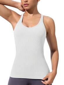 Workout Tank Tops For Women With Built In Bra, Seamless V Neck Tops Fitness Workout Yoga Shirts - trắng - Xem 3