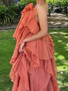 Women Summer Sleeveless Dress 3D Flowers Irregular Ruffles Backless Party Dress For Vacation Cocktail Beach Streetwear - trái cam - Xem 3