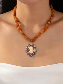 Figure Decor Oval Pendant Necklace - Multicolor - View 3