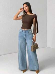 Elegant Suplex T-Shirt Top With Asymmetrical Shoulders And Straps, Ideal For Daily Use, Outings, Nightclubs, Parties, Halloween Costumes - 咖啡棕 - 查看 1