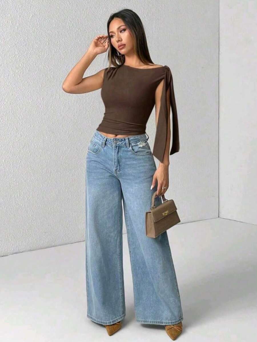 Elegant Suplex T-Shirt Top With Asymmetrical Shoulders And Straps, Ideal For Daily Use, Outings, Nightclubs, Parties, Halloween Costumes - 咖啡棕 - 查看 1