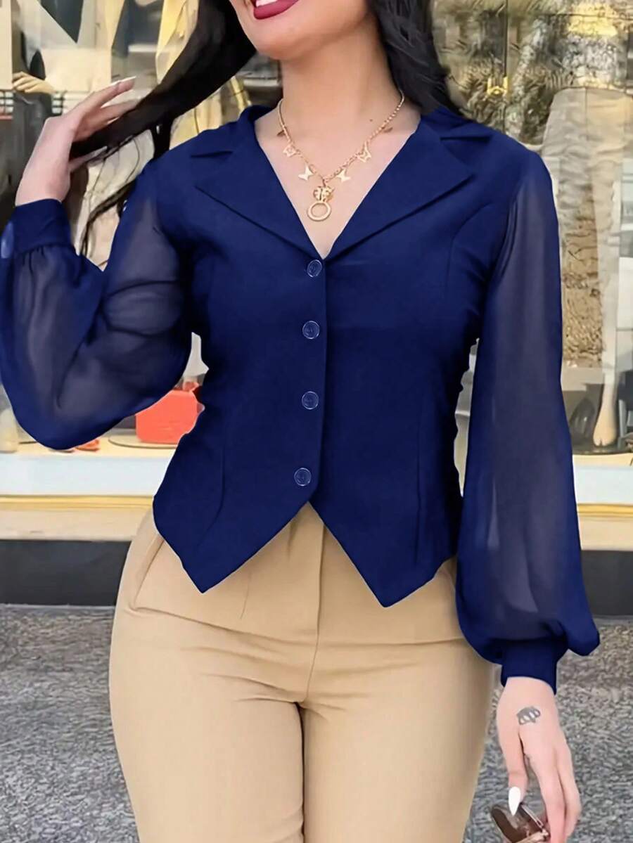 Women's Simple Casual Solid Color Lantern Sleeve Front Button Shirt - Deep Indigo - View 1