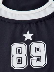 两件套女童时尚休闲套装，数码印花，方领无袖上衣搭配白色条纹裤，适合春、秋、冬户外、日常聚会和旅行穿着。 - 藏蓝色 - 查看 6