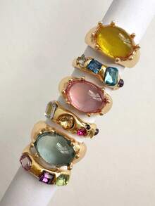 6pcs/Set Fashion Creative Colorful Faux Gemstone Rhinestone Rings Set, Minimalist Versatile High-End, Gift Jewelry For Women - Multicolor - View 4