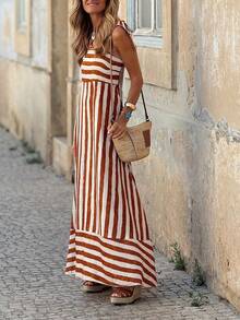 Random Cut Sleeveless Printed Summer A-Line Dress, Women Summer Vacation Dress, Casual Outgoing Dress Elegant - Brown - View 2